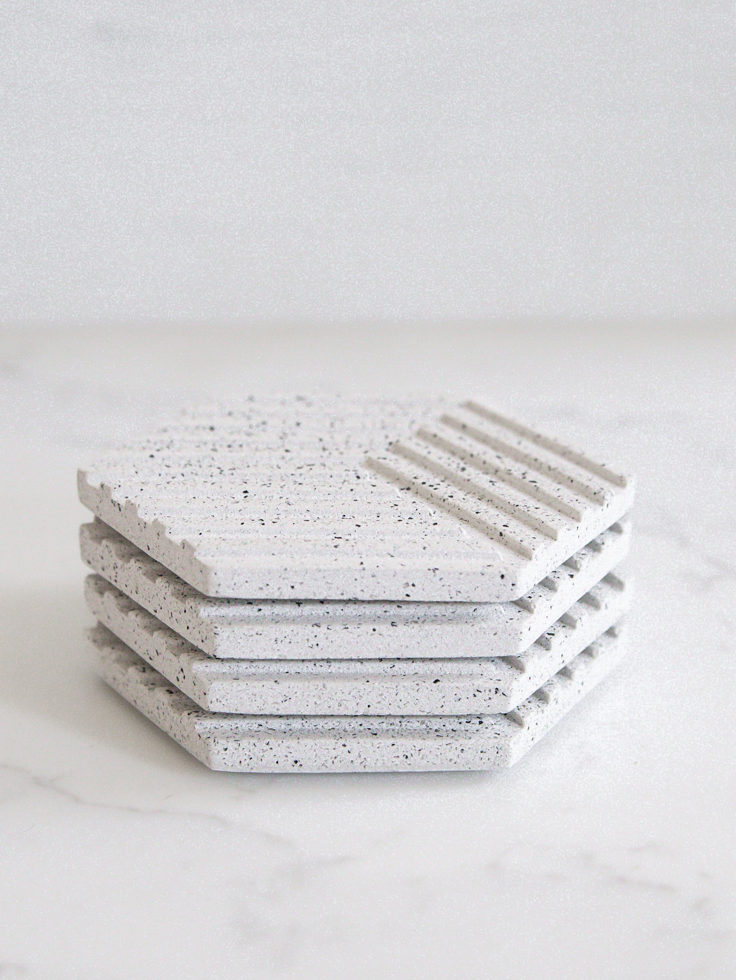 Hexagonal Coasters in White Granite Terrazzo, Set of 4