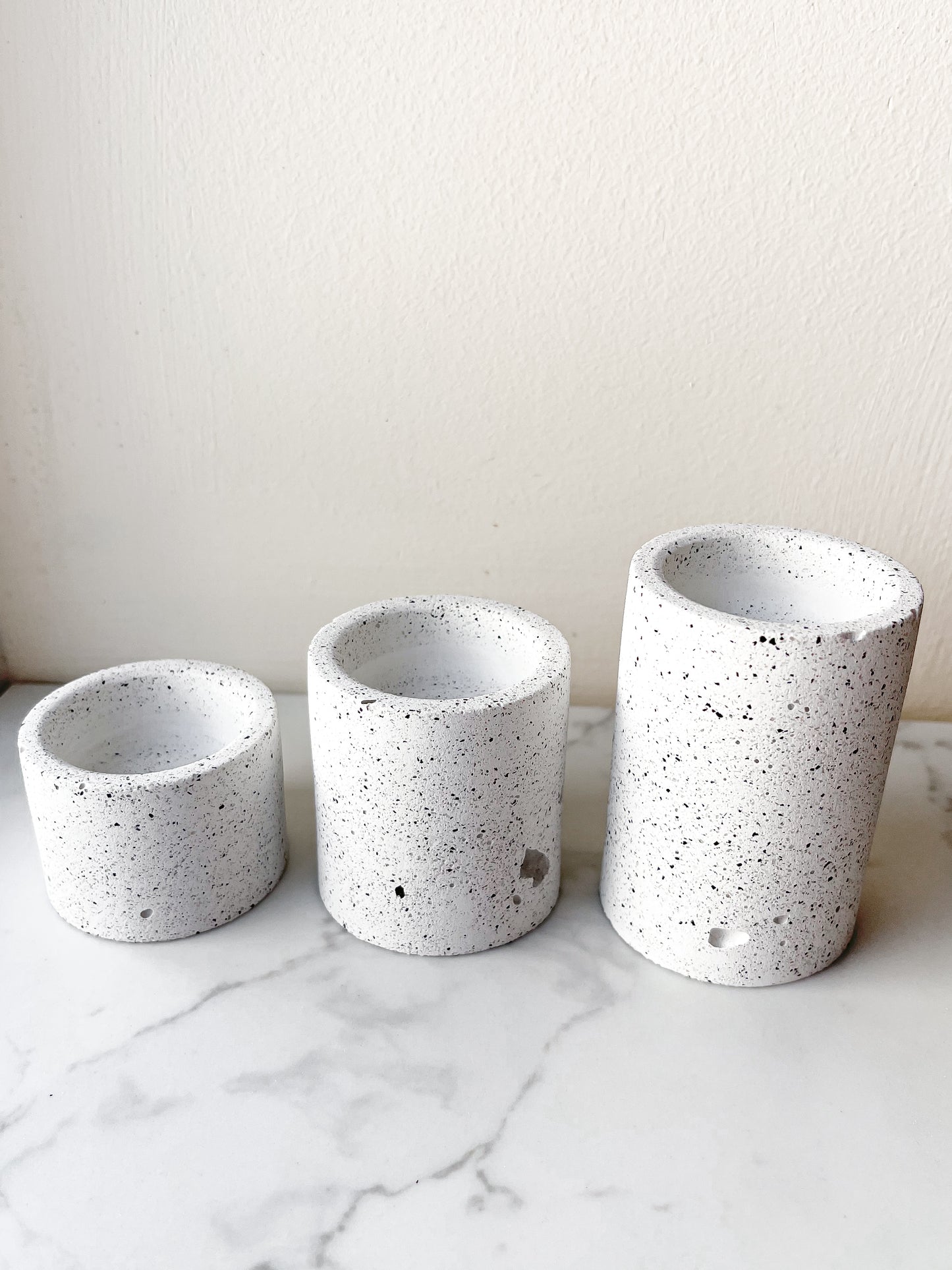 Perfectly Imperfect Set of Three Tealight Holders with a Tray in Speckled White Granite Terrazzo