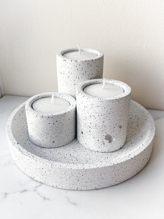 Perfectly Imperfect Set of Three Tealight Holders with a Tray in Speckled White Granite Terrazzo