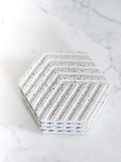 Hexagonal Coasters in White Granite Terrazzo, Set of 4