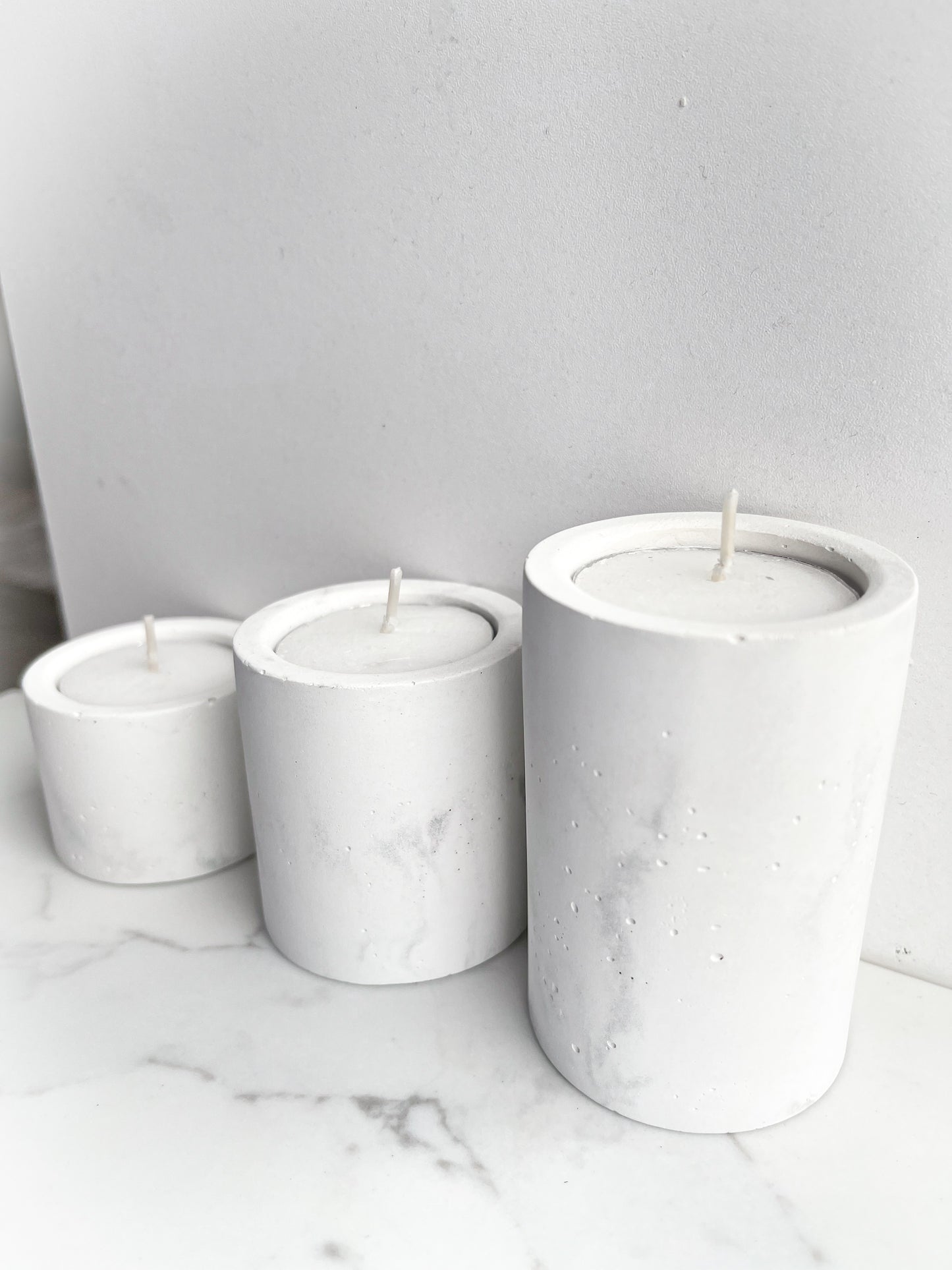 Perfectly Imperfect Set of Three Concrete Tealight Holders in White Marble Effect