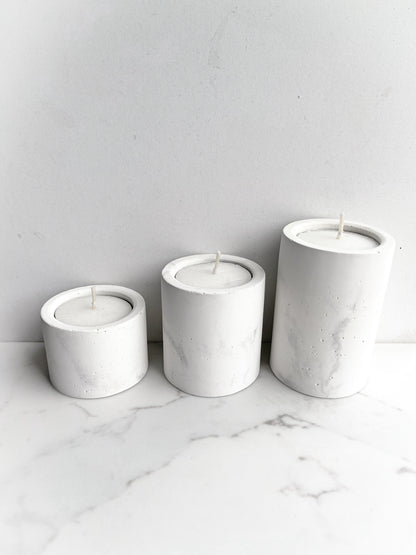 Perfectly Imperfect Set of Three Concrete Tealight Holders in White Marble Effect