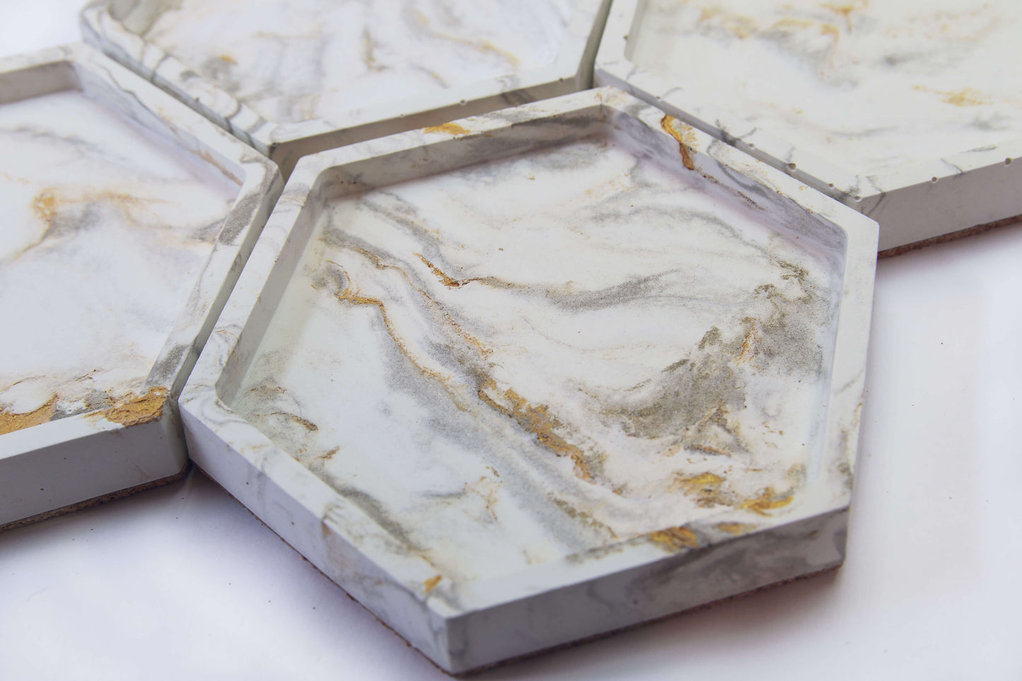 Perfectly Imperfect Hexagonal Concrete Trinket Tray in Gold Marble Effect