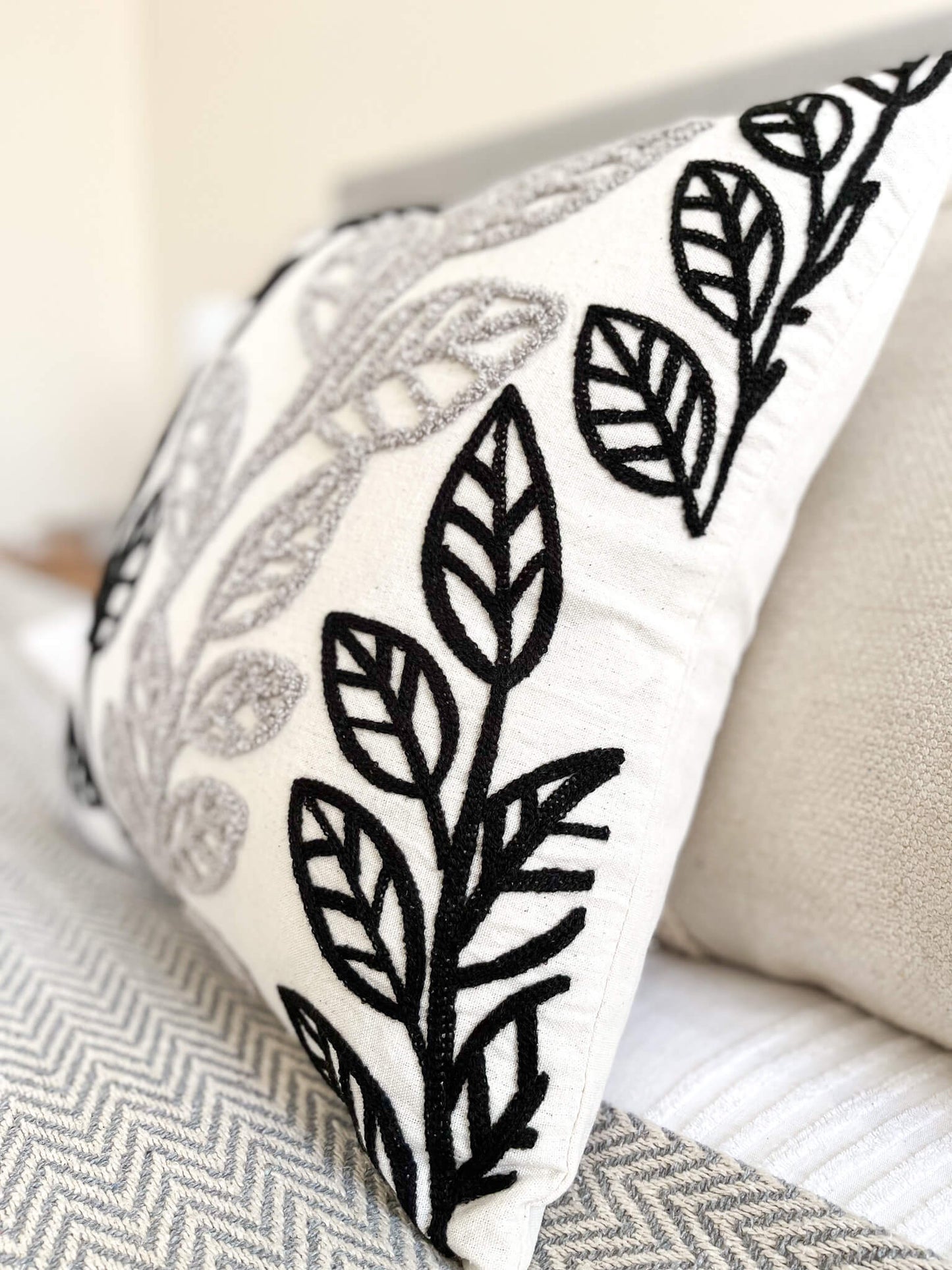 Black & Grey Leaf Embroidered Throw Pillowcase Cushion Cover 45x45 cm 18x18 in