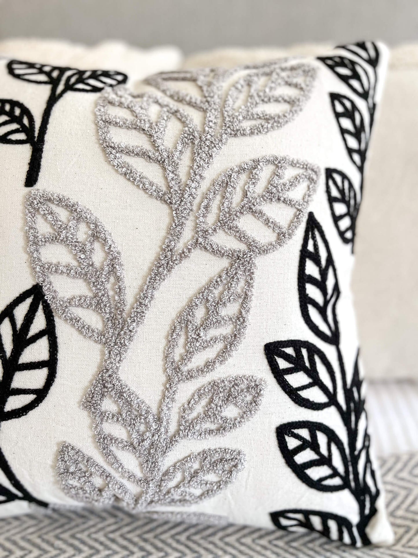 Black & Grey Leaf Embroidered Throw Pillowcase Cushion Cover 45x45 cm 18x18 in