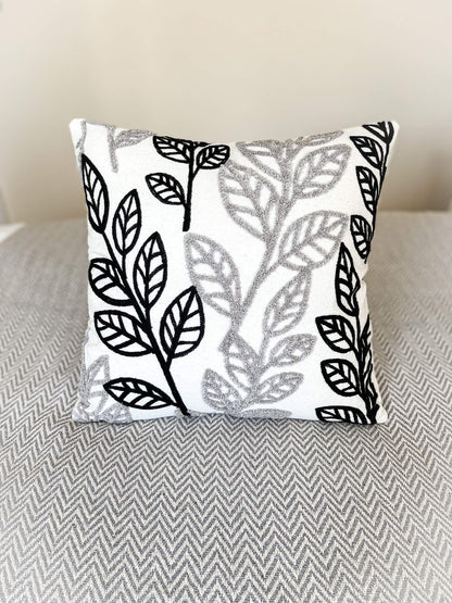 Black & Grey Leaf Embroidered Throw Pillowcase Cushion Cover 45x45 cm 18x18 in