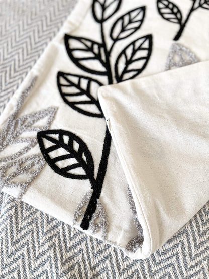 Black & Grey Leaf Embroidered Throw Pillowcase Cushion Cover 45x45 cm 18x18 in