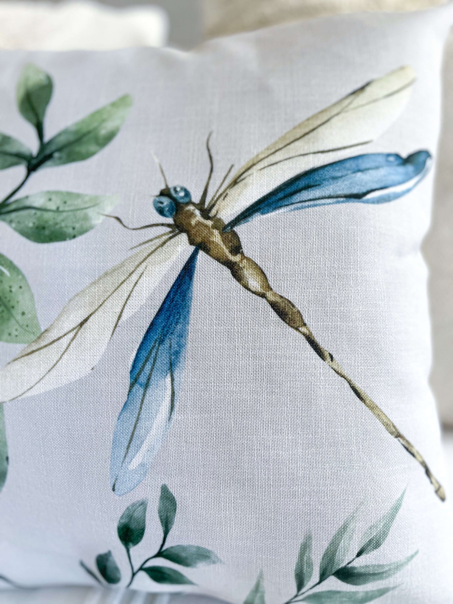 Linen Feel Elegant Dragonfly and Greenery Grey Cushion Throw Pillow Cover 45x45 cm 18x18 in