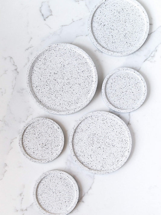 Perfectly Imperfect Small Round Decorative Tray in Speckled White Granite Terrazzo