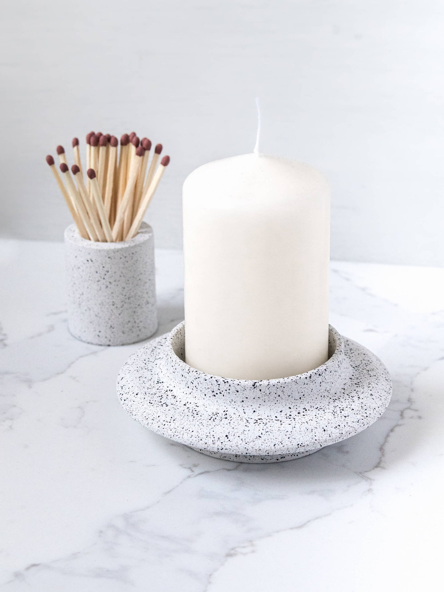 Round Pillar Candle Holder in Speckled White Granite Terrazzo