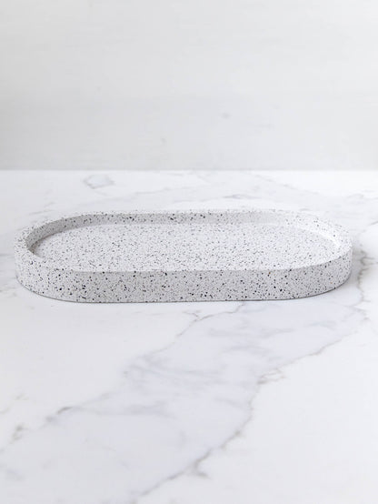 Oval Decorative Tray in Speckled White Granite Terrazzo, Water Resistant