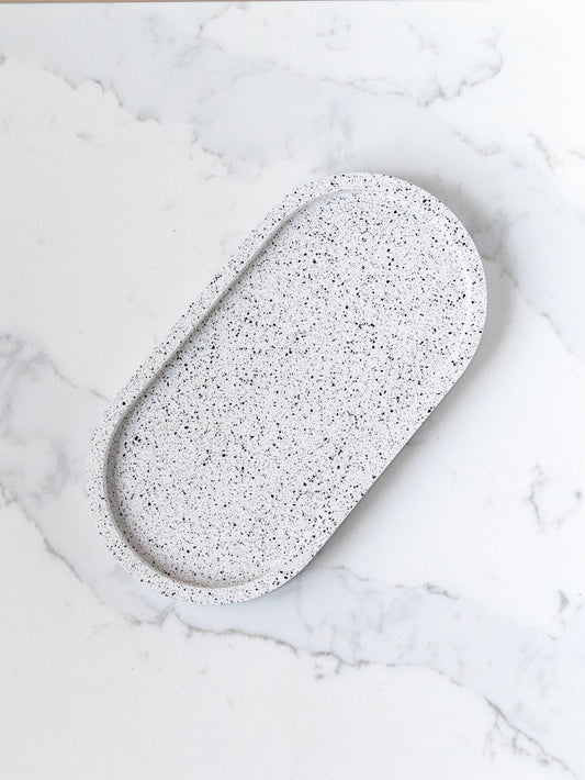 Oval Decorative Tray in Speckled White Granite Terrazzo, Water Resistant