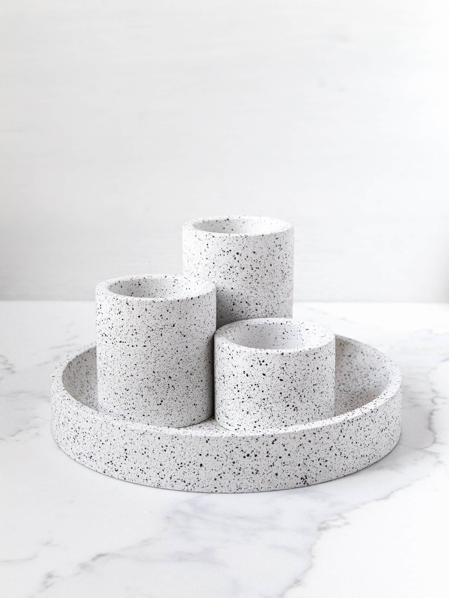 Set of Three Tealight Holders in Speckled White Granite Terrazzo