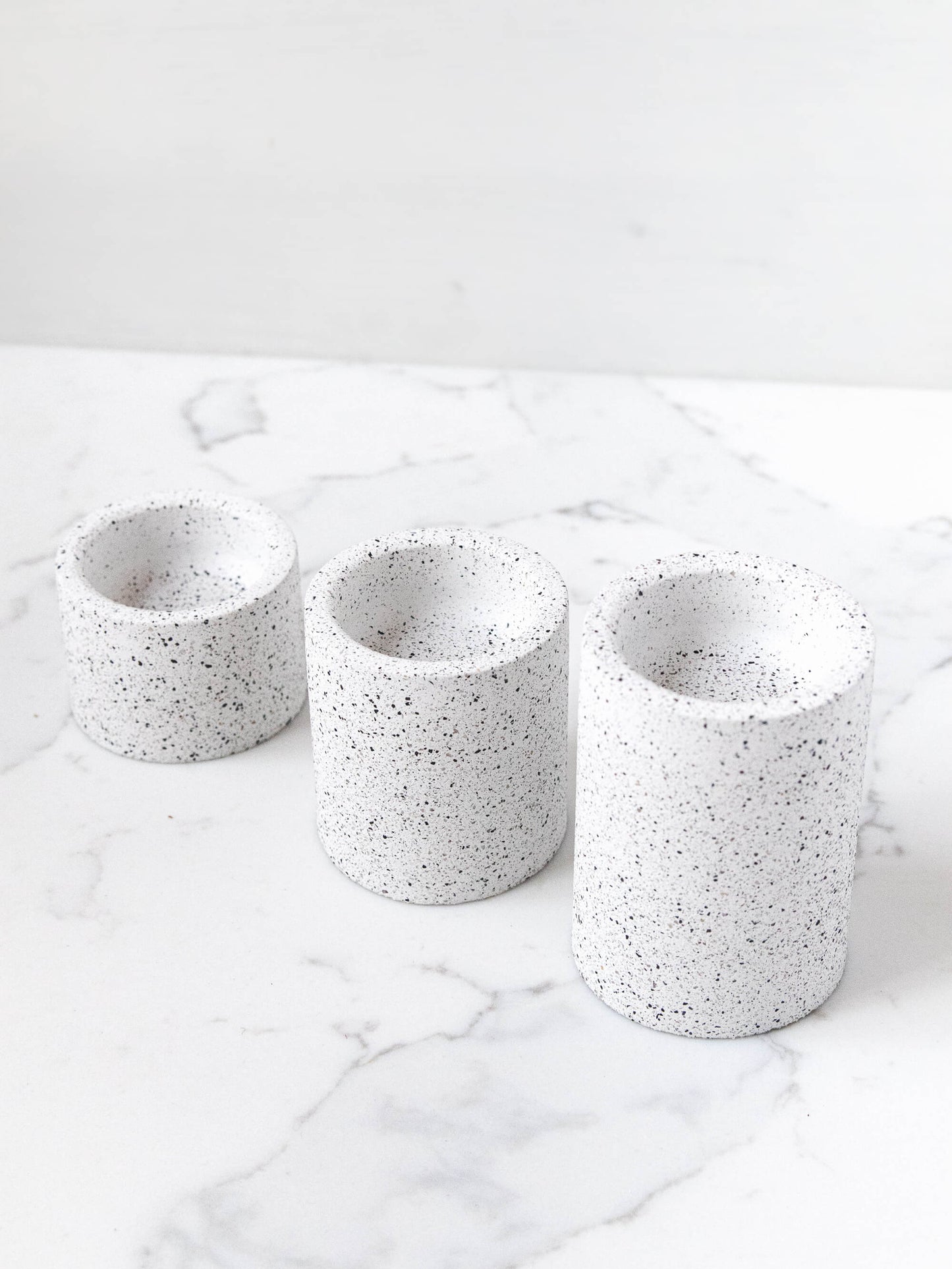 Set of Three Tealight Holders in Speckled White Granite Terrazzo