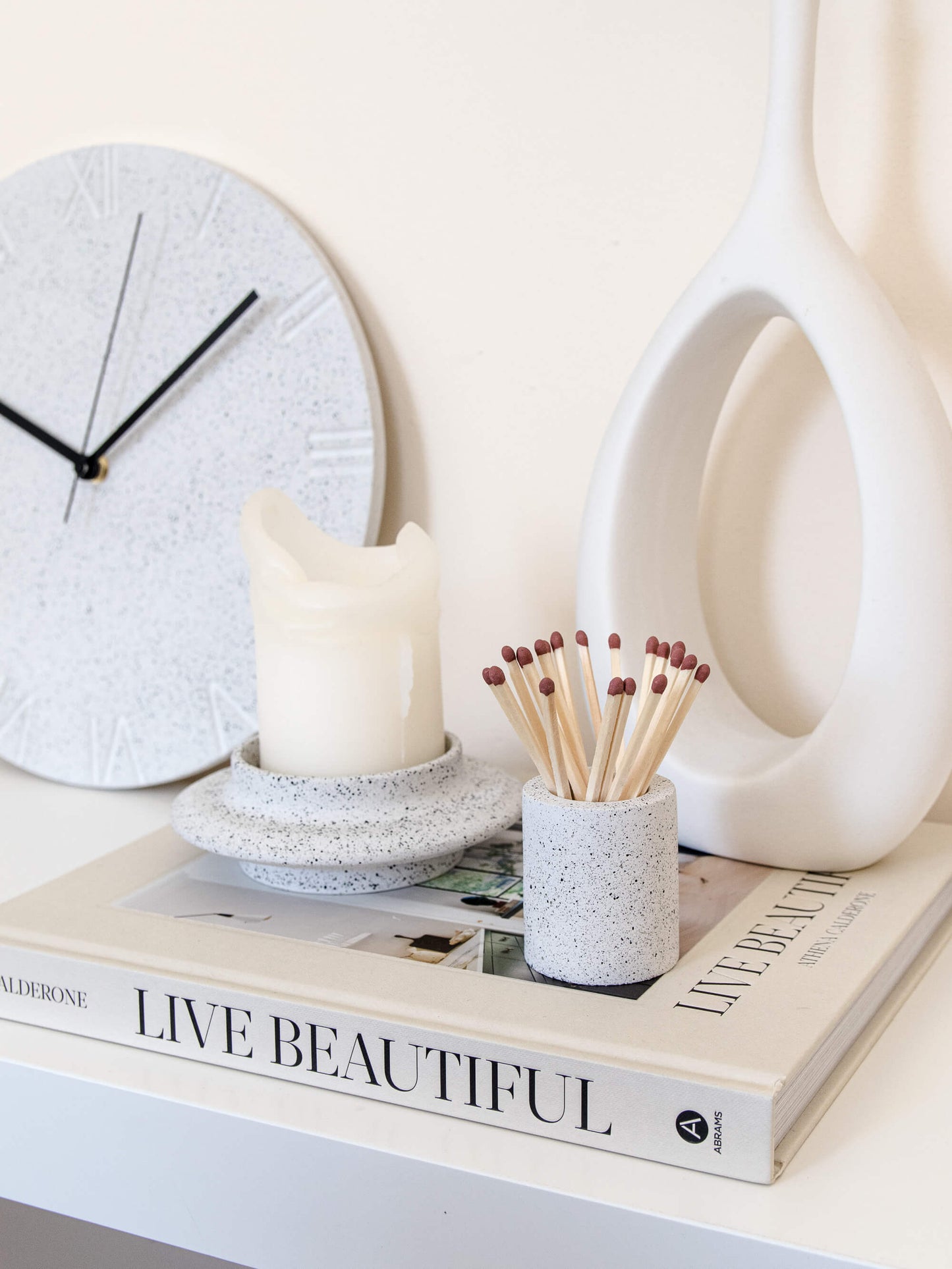 Round Pillar Candle Holder in Speckled White Granite Terrazzo