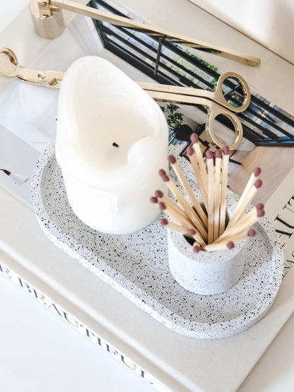 Oval Decorative Tray in Speckled White Granite Terrazzo, Water Resistant