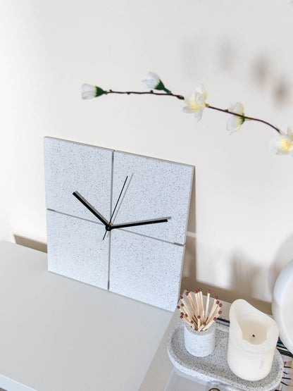 Square Wall Clock in Speckled White Granite Terrazzo