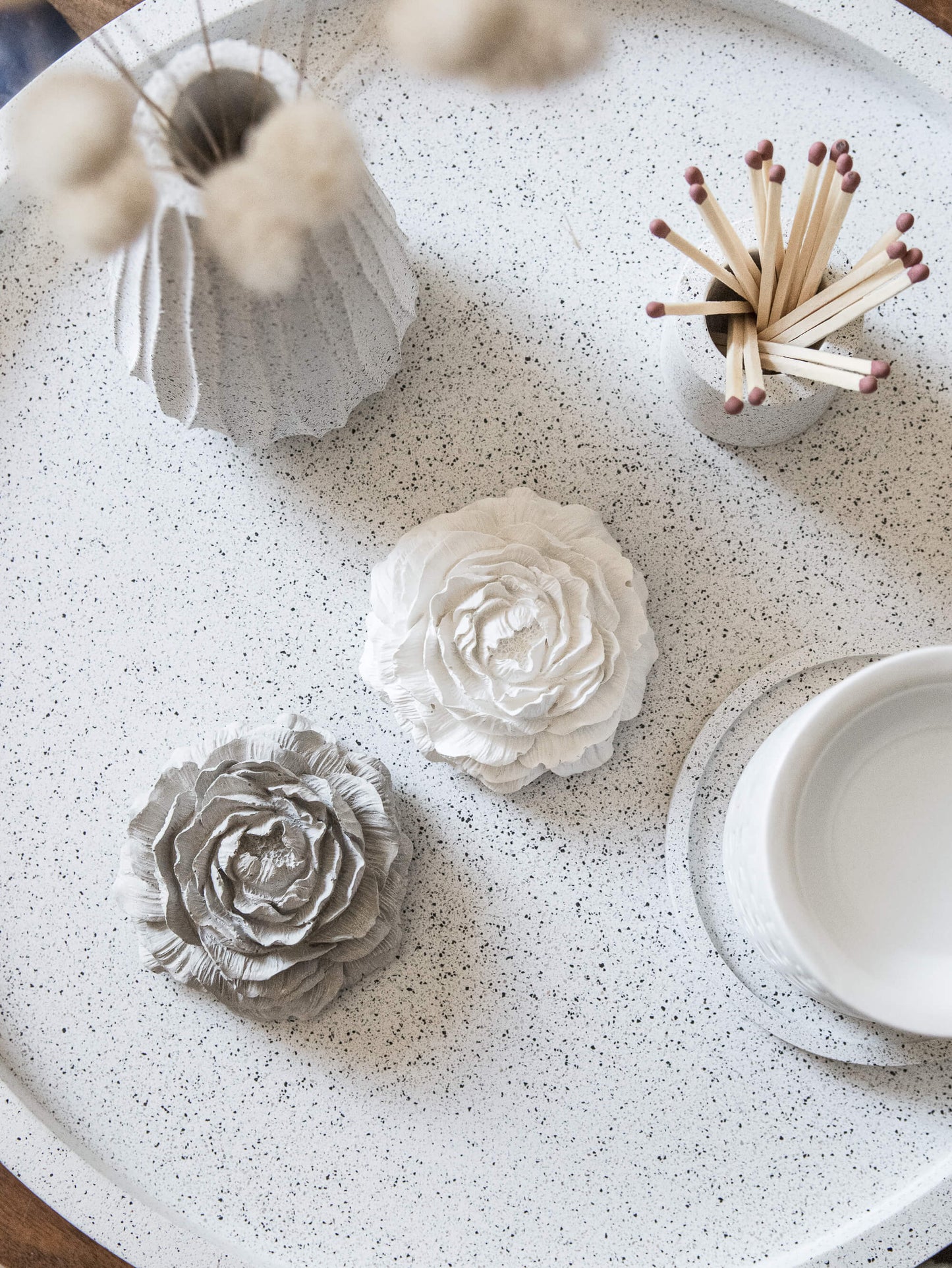 Extra Large Round 38 cm Decorative Tray in Speckled White Granite Terrazzo