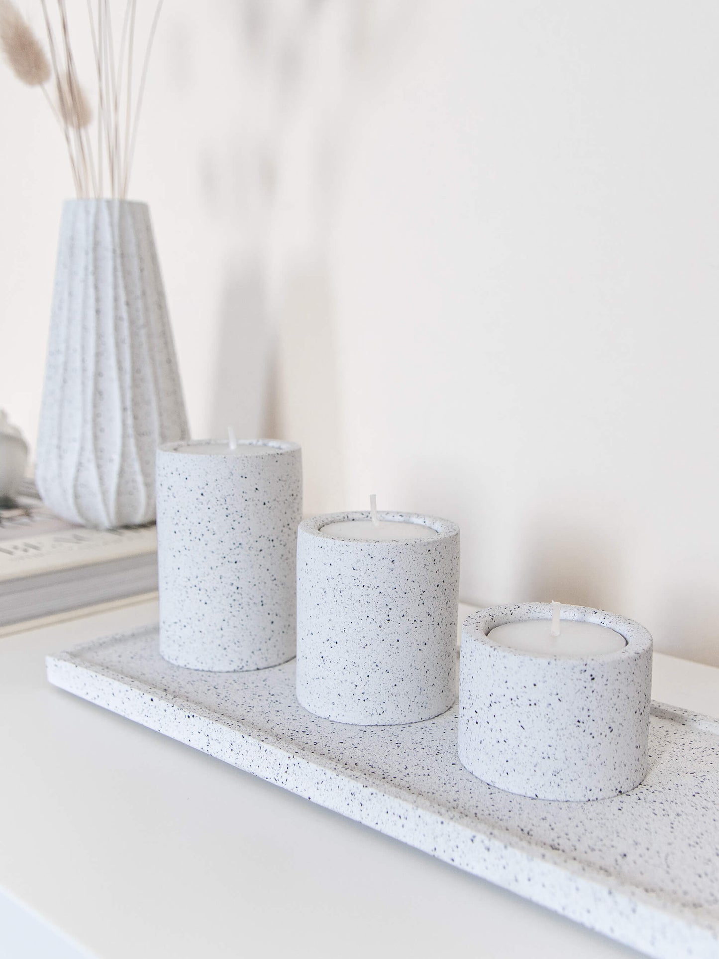 Set of Three Tealight Holders in Speckled White Granite Terrazzo