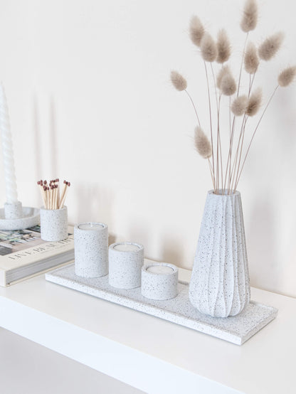 Perfectly Imperfect Set of Three Tealight Holders with a Tray in Speckled White Granite Terrazzo